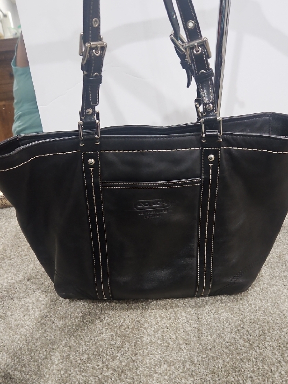 Coach Hampton Black Leather Tote with Contrast Stitching and Buckle Straps - Picture 13 of 13